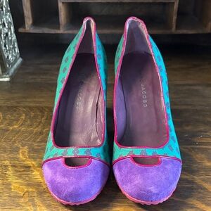 Marc Jacobs Purple Suede & Teal Patterned Round-Toe Pumps